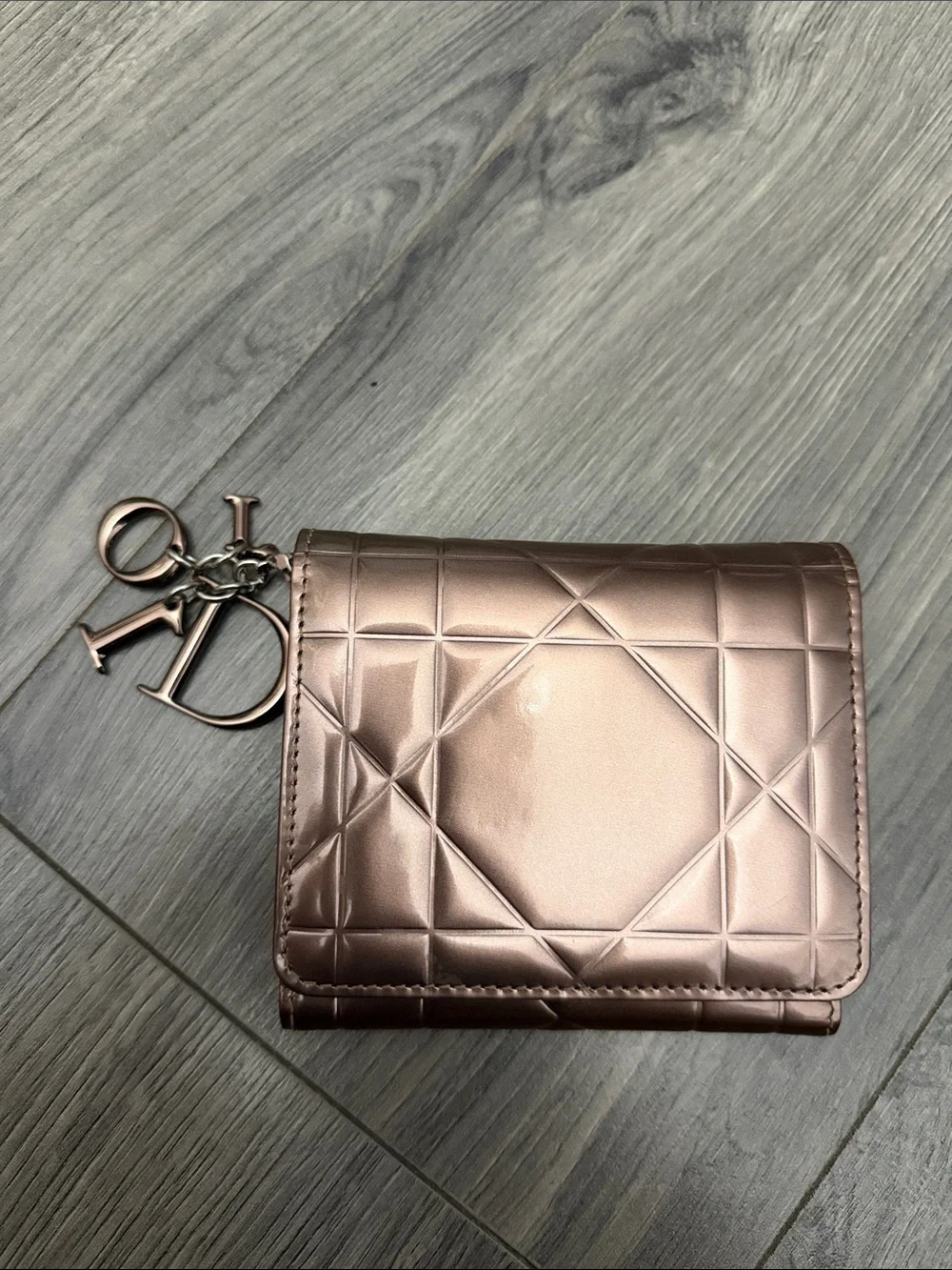 Dior Metallic Rose Gold Quilted Small Wallet with Dior Charms